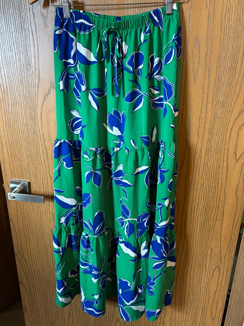 BCX Women’s Green Floral Tiered Skirt with Blue Accents